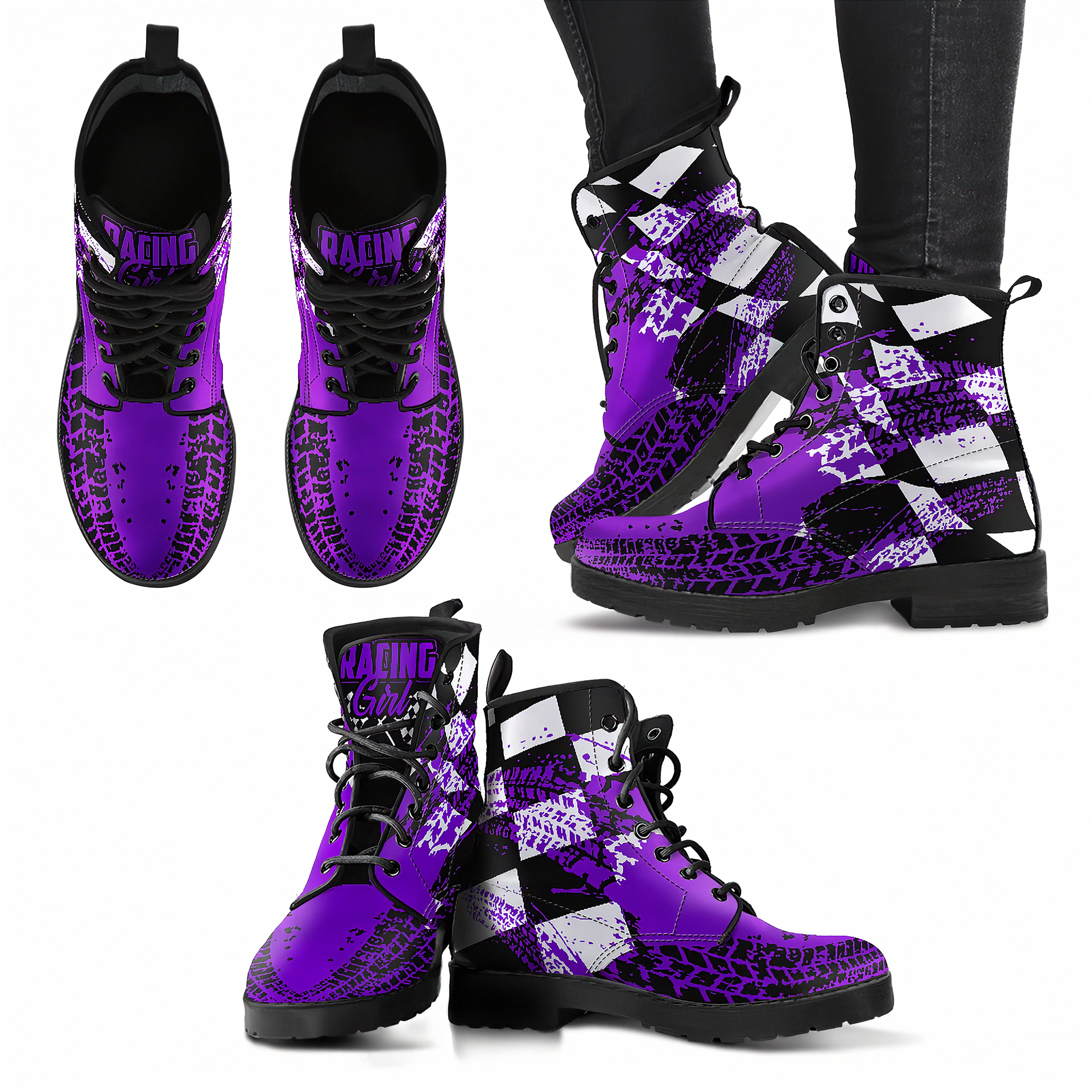Purple and black high-top sneakers with racing text on a white background