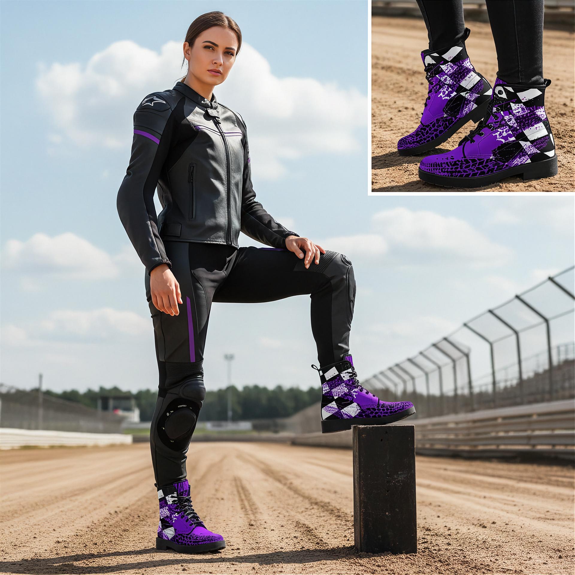 Woman in racing suit and purple checkered boots on a racetrack with close-up of shoes.