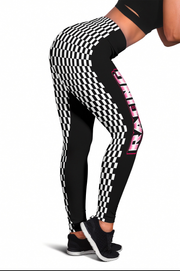Black and white checkered leggings with pink text on a white background