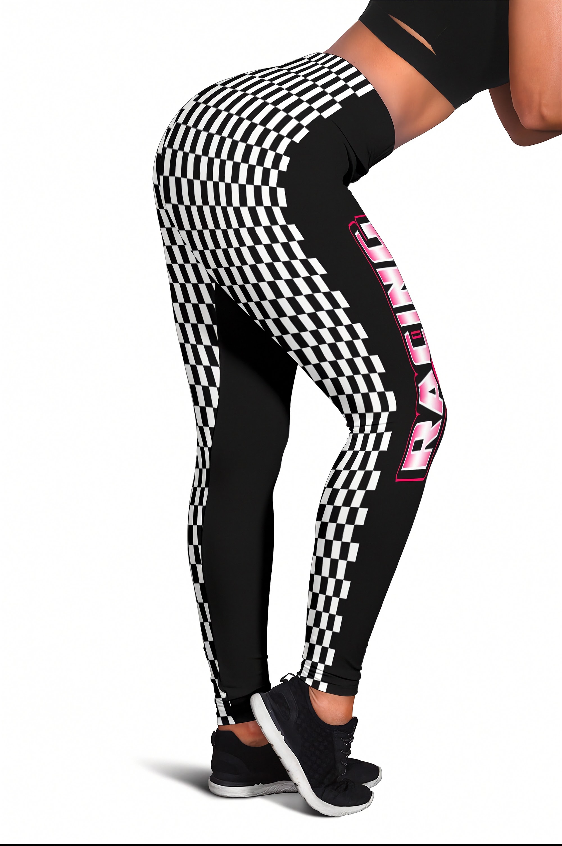 Black and white checkered leggings with pink text on a white background
