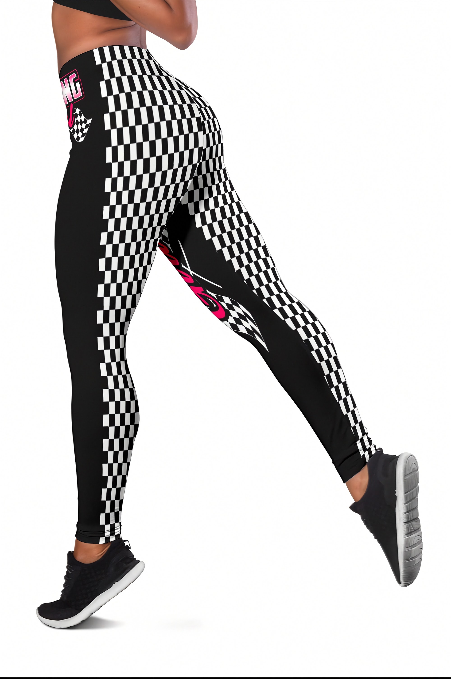 Black and white checkered leggings with pink accents worn by a person on a white background