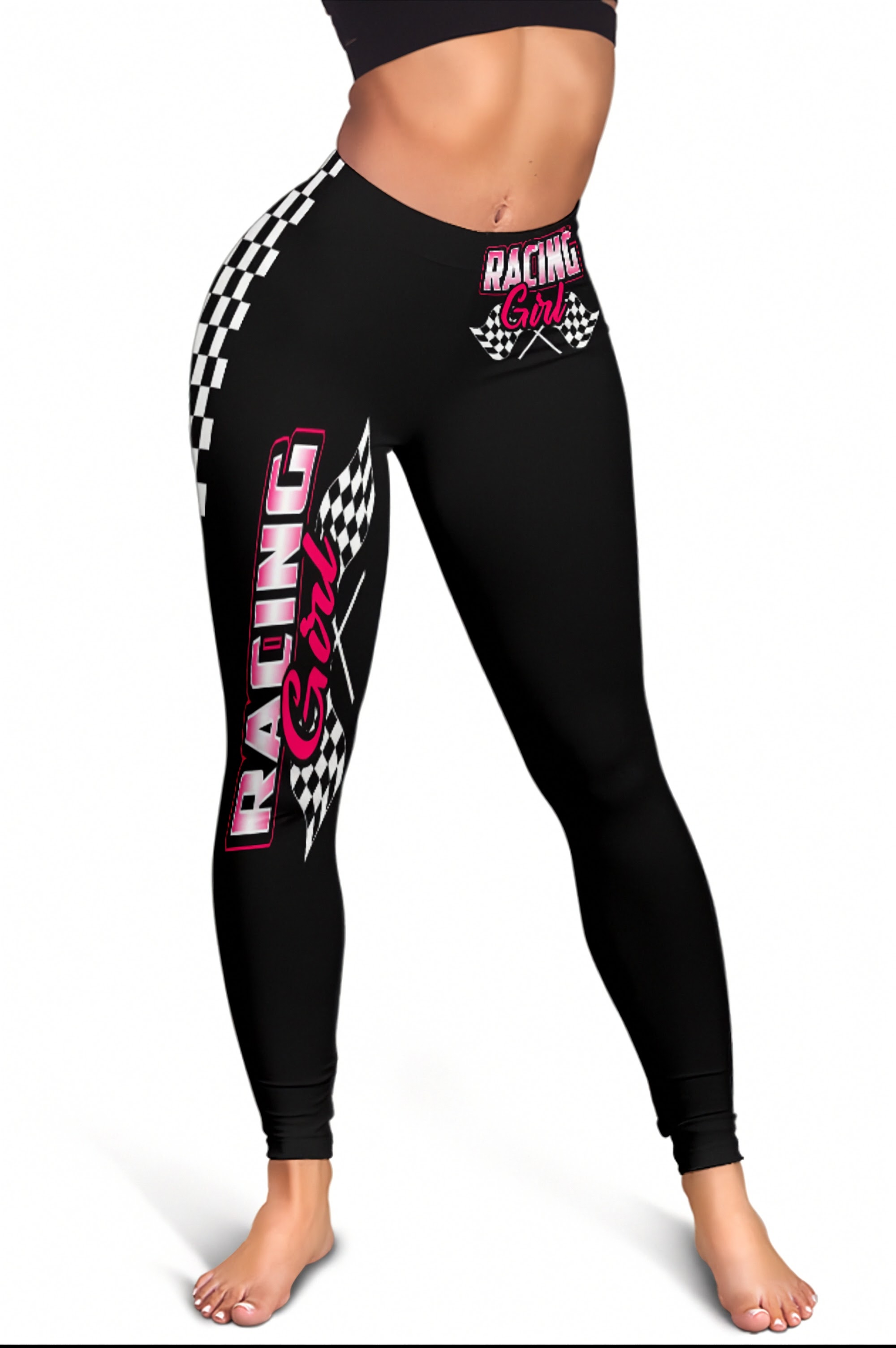 Black leggings with pink and white checkered patterns and text on a white background