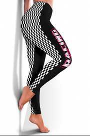 Black and white checkered leggings with pink text on a white background