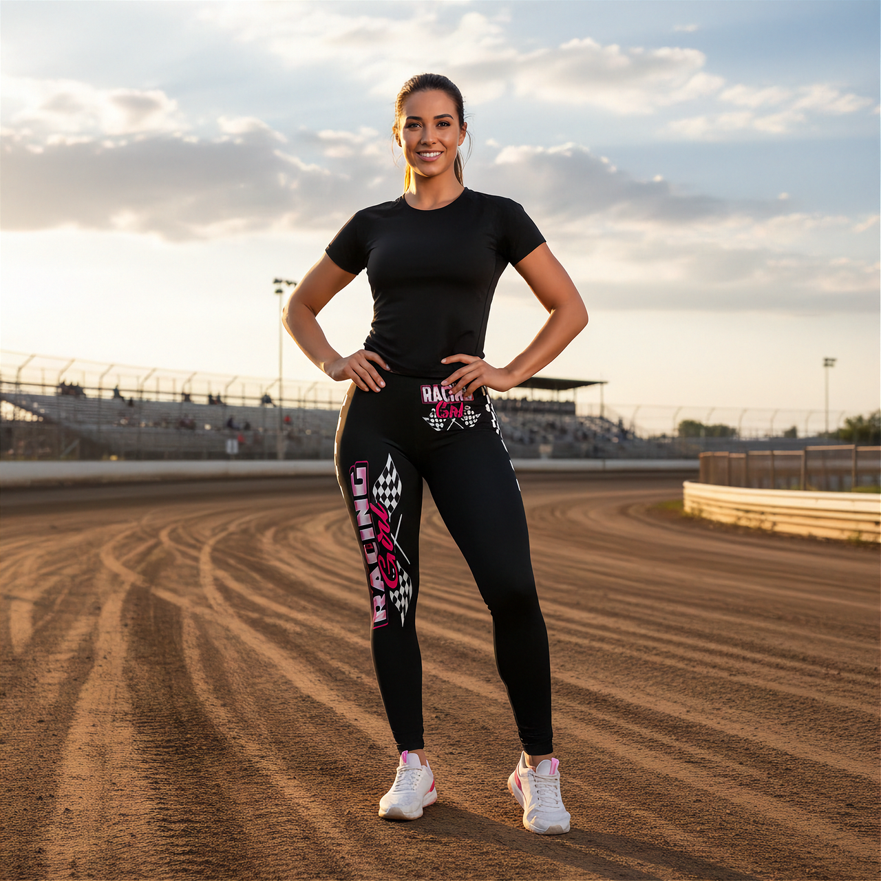 Woman in black athletic wear with racing design on a race track wearing a racing girl leggings