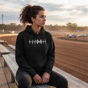 Motorsports apparel featuring a racing heartbeat EKG pulse line graphic with a race car silhouette for speedway and drag strip fans.
