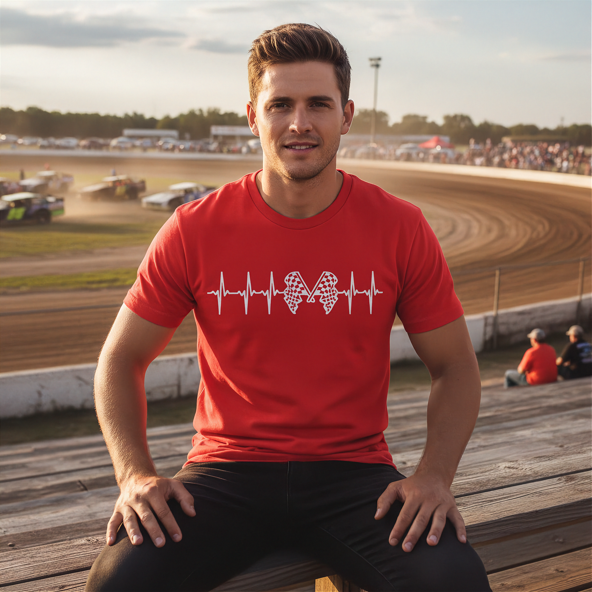 Motorsports apparel featuring a racing heartbeat EKG pulse line graphic with a race car silhouette for speedway and drag strip fans.