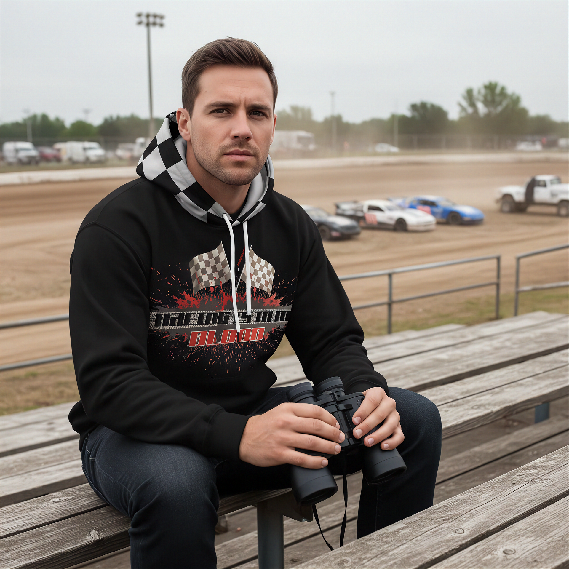 Motorsport-themed all over print hoodie with 'Racing Is In My Blood' text design, featuring an ultra-soft premium polyester blend and a dual-ply hood.
