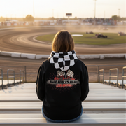 Motorsport-themed all over print hoodie with 'Racing Is In My Blood' text design, featuring an ultra-soft premium polyester blend and a dual-ply hood.