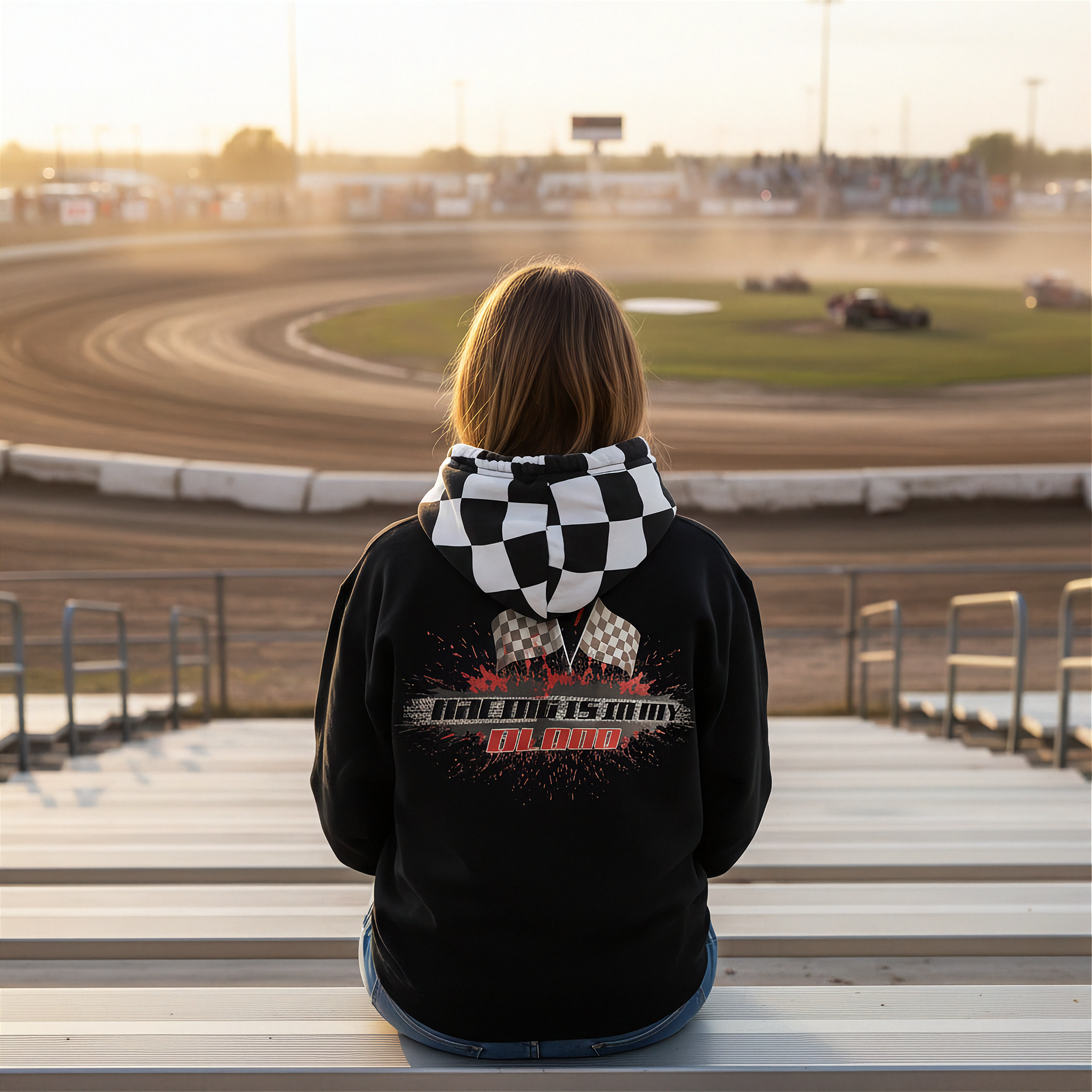 Motorsport-themed all over print hoodie with 'Racing Is In My Blood' text design, featuring an ultra-soft premium polyester blend and a dual-ply hood.