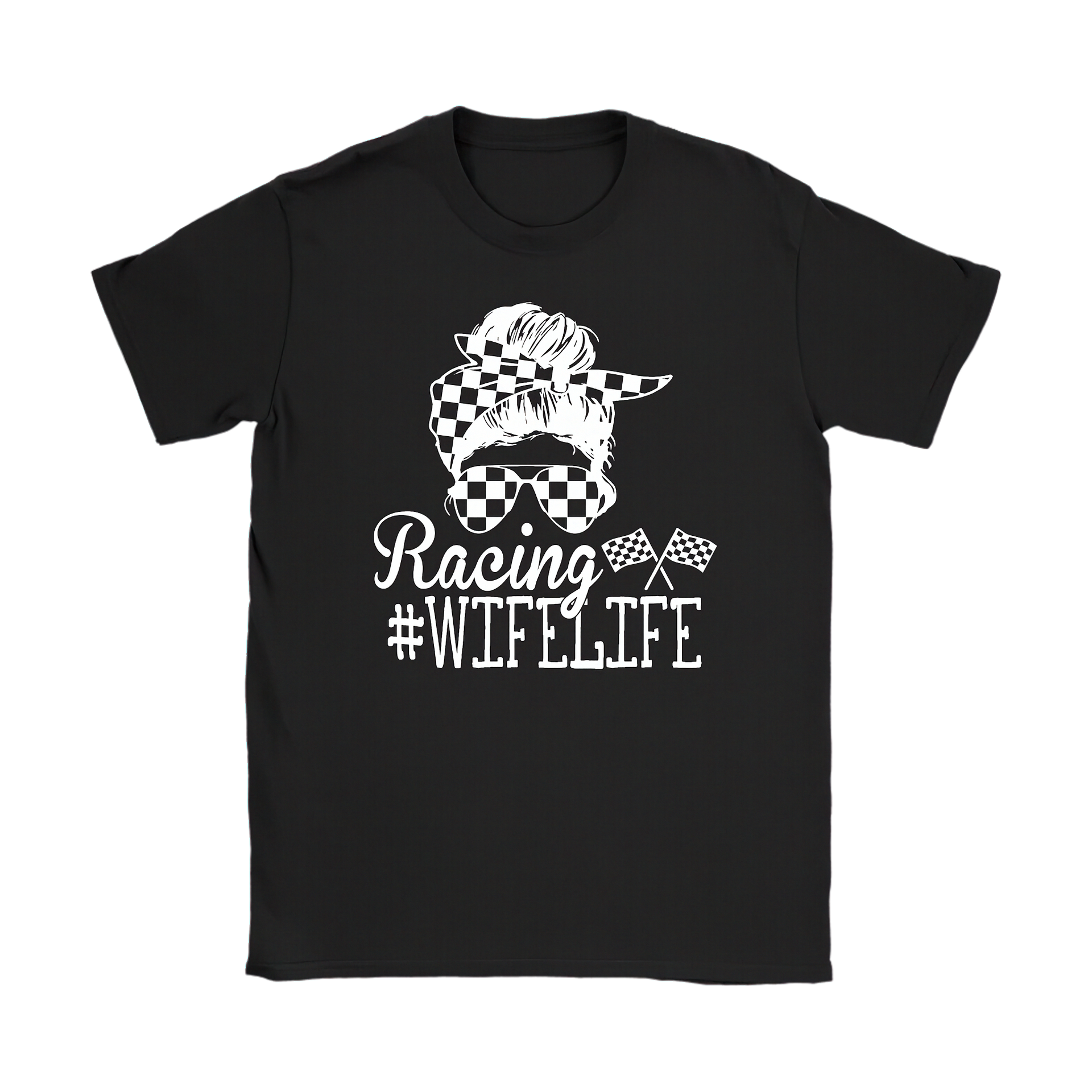 Women's racing apparel featuring the quote Racing Wife Life for racing spouses, pit lane crew members, and motorsports fans.