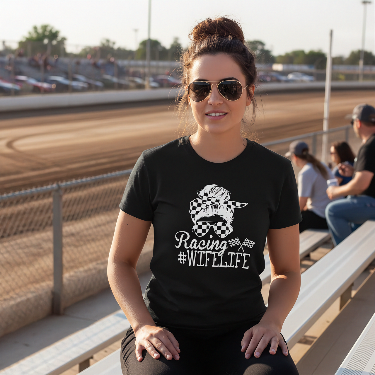 Women's racing apparel featuring the quote Racing Wife Life for racing spouses, pit lane crew members, and motorsports fans.
