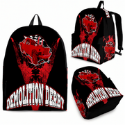 Premium red demolition derby gear backpack with a cushioned airflow mesh back panel, designed for smash car drivers and crash arena fans.