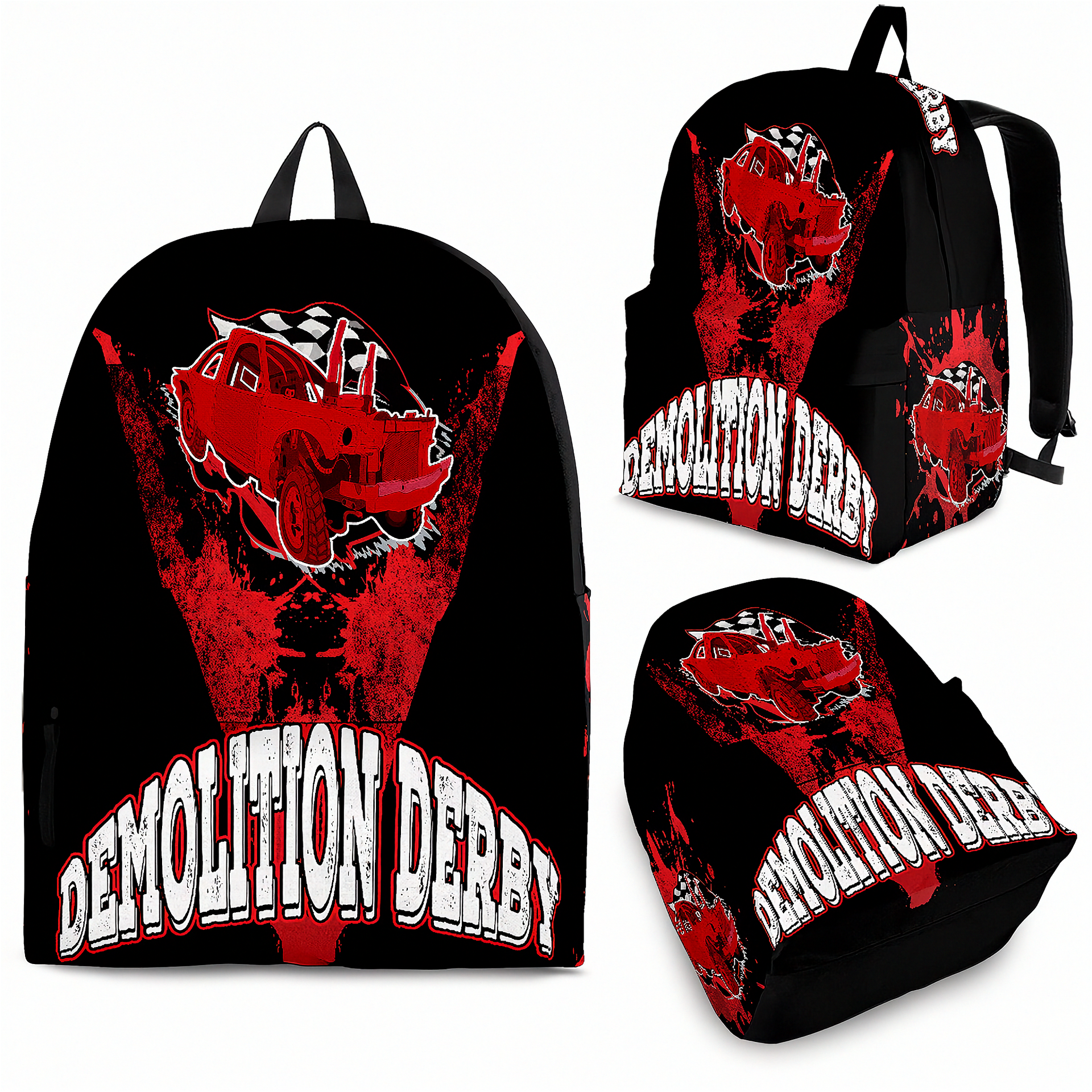 Premium red demolition derby gear backpack with a cushioned airflow mesh back panel, designed for smash car drivers and crash arena fans.
