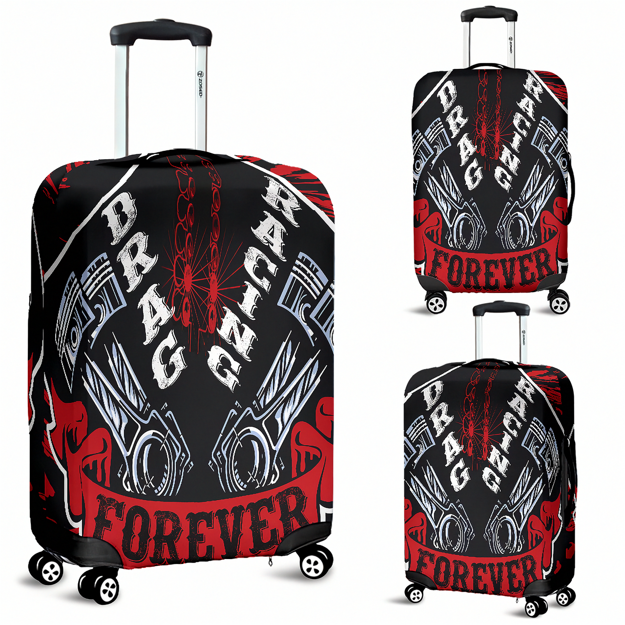 Striking red drag racing themed luggage cover designed for motorsport fans, featuring a protective stretch-fit spandex blend and a zipper-bottom.