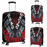Striking red drag racing themed luggage cover designed for motorsport fans, featuring a protective stretch-fit spandex blend and a zipper-bottom.