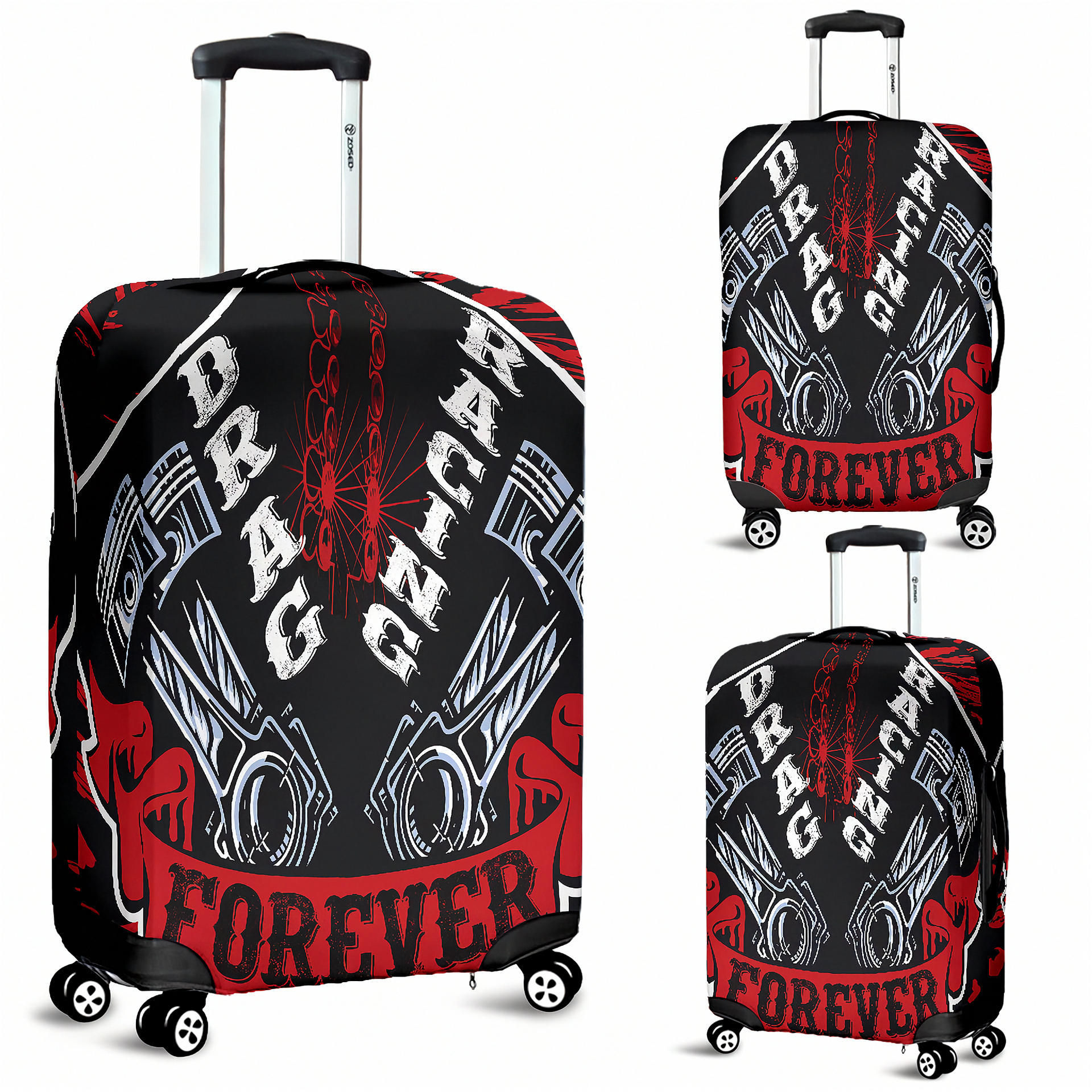 Striking red drag racing themed luggage cover designed for motorsport fans, featuring a protective stretch-fit spandex blend and a zipper-bottom.