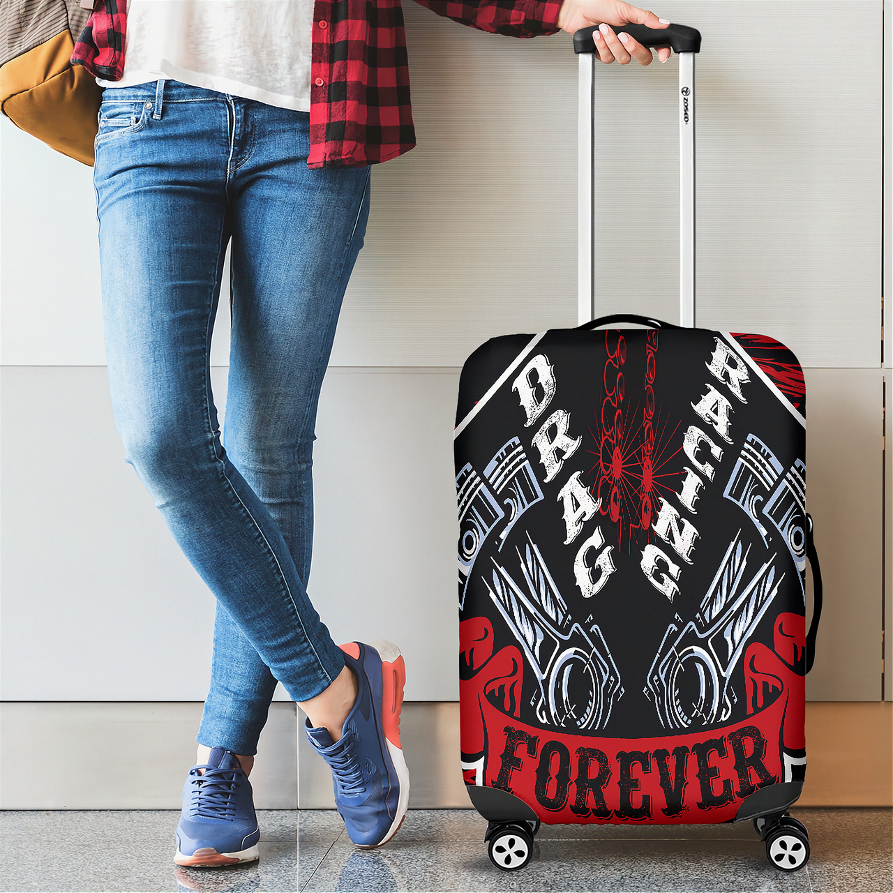Striking red drag racing themed luggage cover designed for motorsport fans, featuring a protective stretch-fit spandex blend and a zipper-bottom.