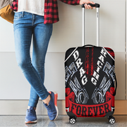 Striking red drag racing themed luggage cover designed for motorsport fans, featuring a protective stretch-fit spandex blend and a zipper-bottom.
