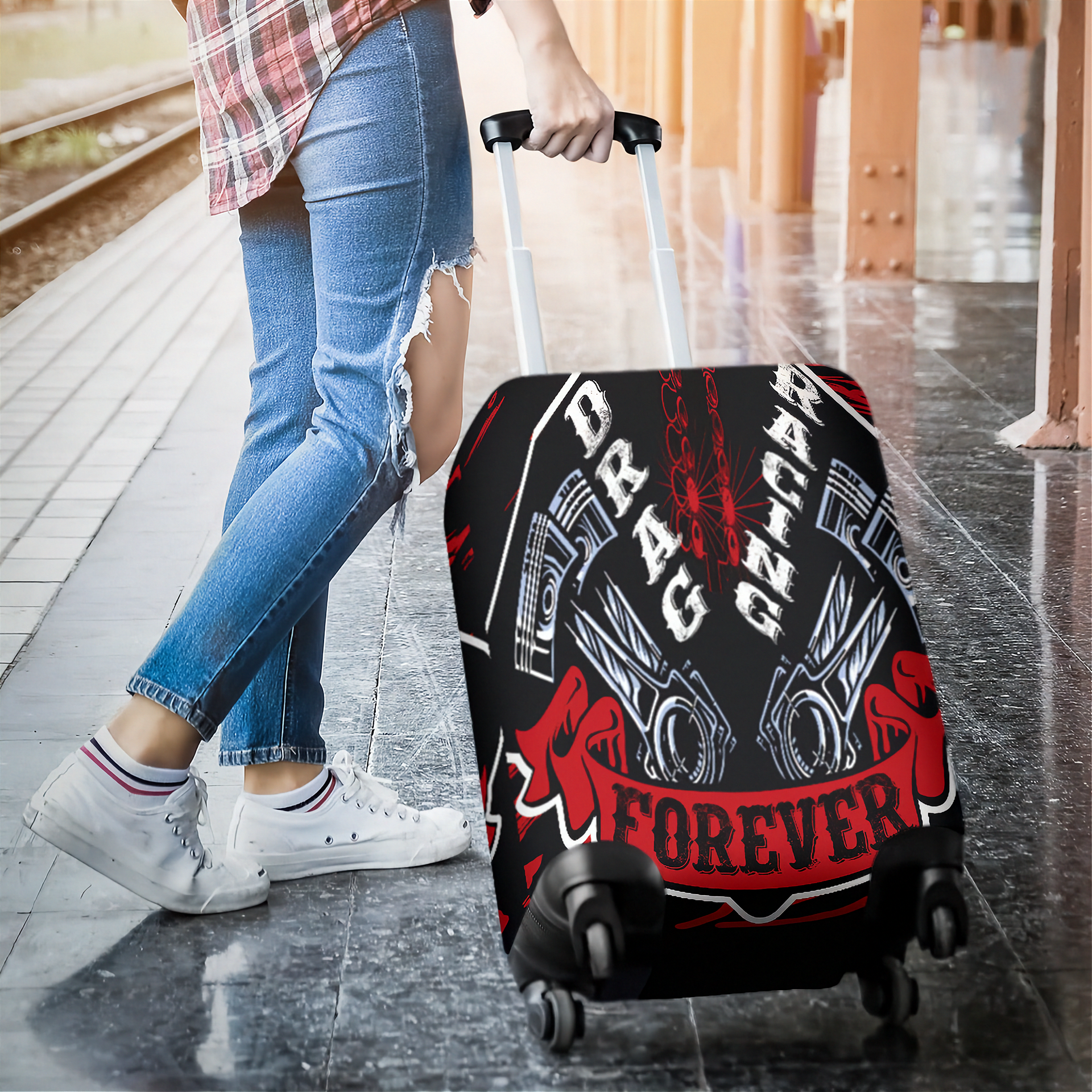 Striking red drag racing themed luggage cover designed for motorsport fans, featuring a protective stretch-fit spandex blend and a zipper-bottom.