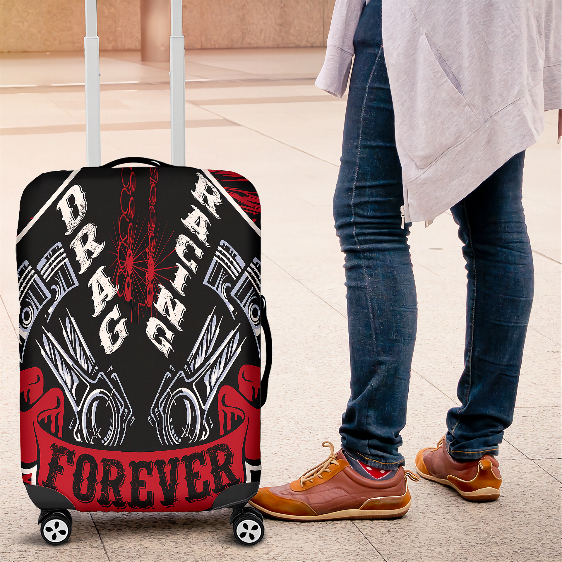 Striking red drag racing themed luggage cover designed for motorsport fans, featuring a protective stretch-fit spandex blend and a zipper-bottom.