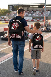 Vibrant red go-kart racing track backpack designed for back to school and motorsport fans, featuring adjustable ergonomic straps and airflow mesh padding.
