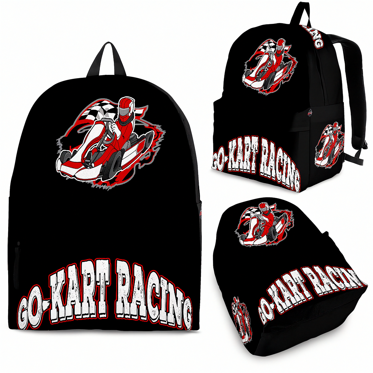 Vibrant red go-kart racing track backpack designed for back to school and motorsport fans, featuring adjustable ergonomic straps and airflow mesh padding.