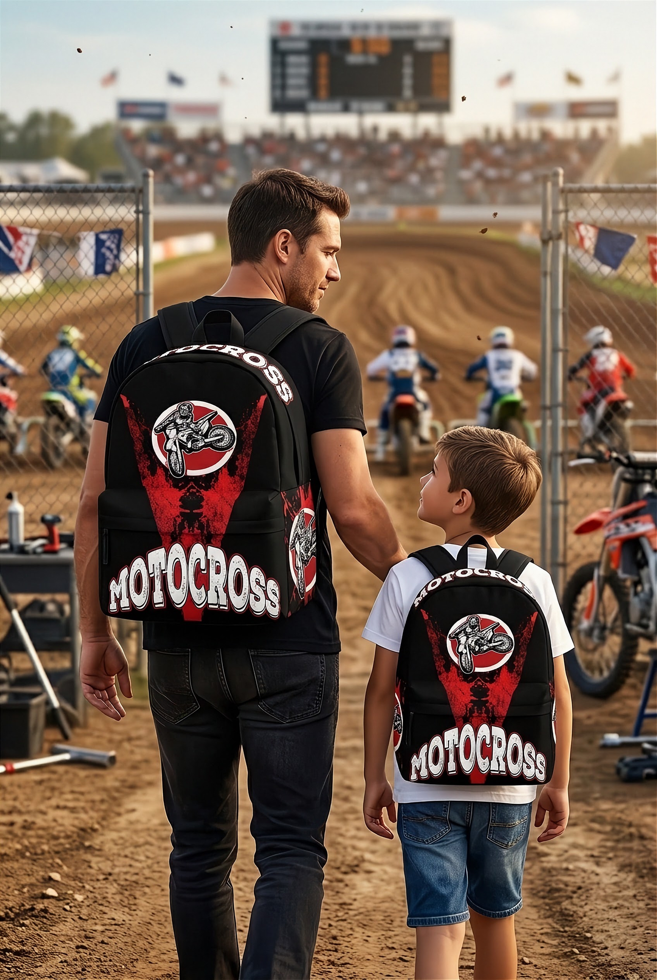Premium red motocross gear backpack featuring ergonomic shoulder straps and a padded mesh back panel for dirt bike riders and trackside fans.