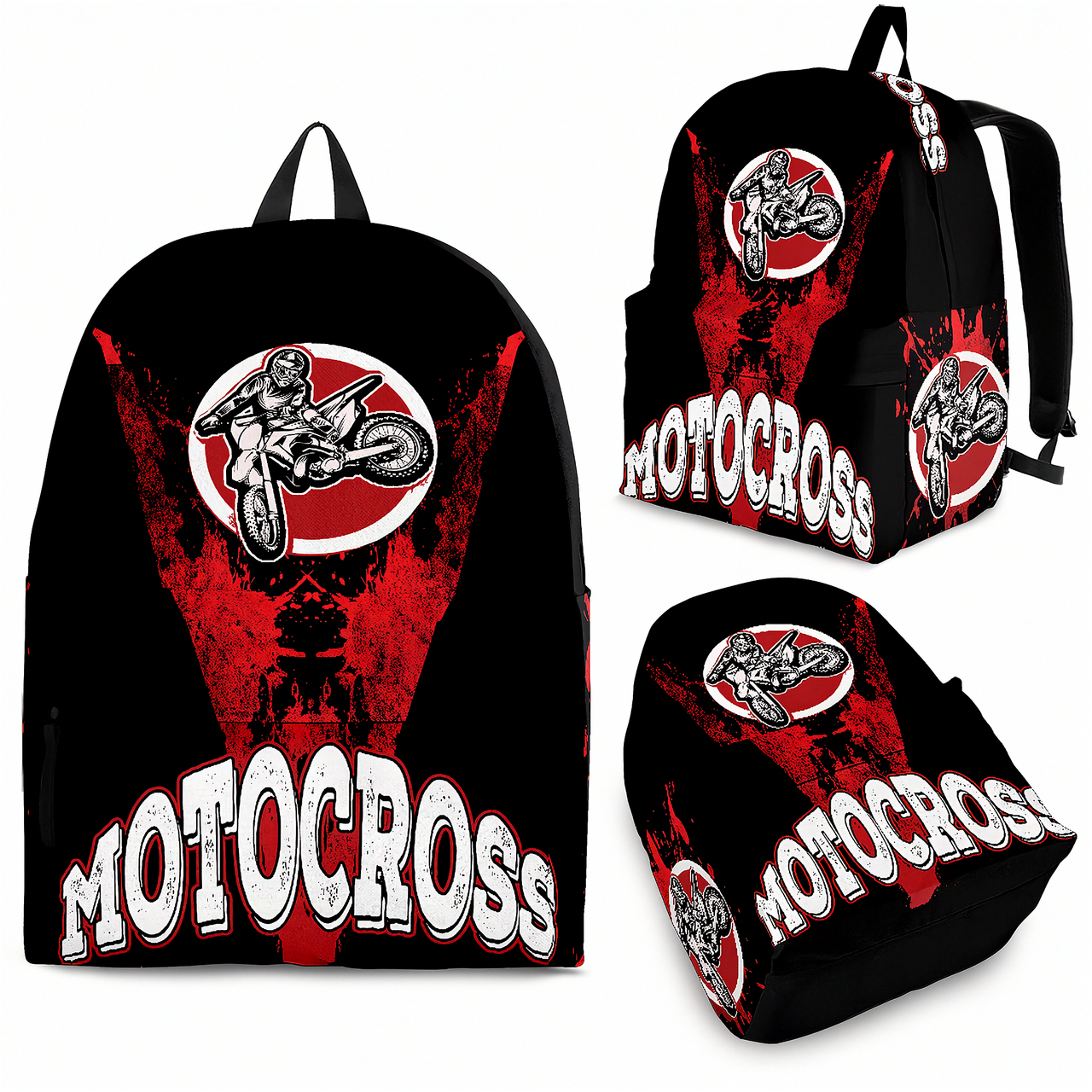 Premium red motocross gear backpack featuring ergonomic shoulder straps and a padded mesh back panel for dirt bike riders and trackside fans.
