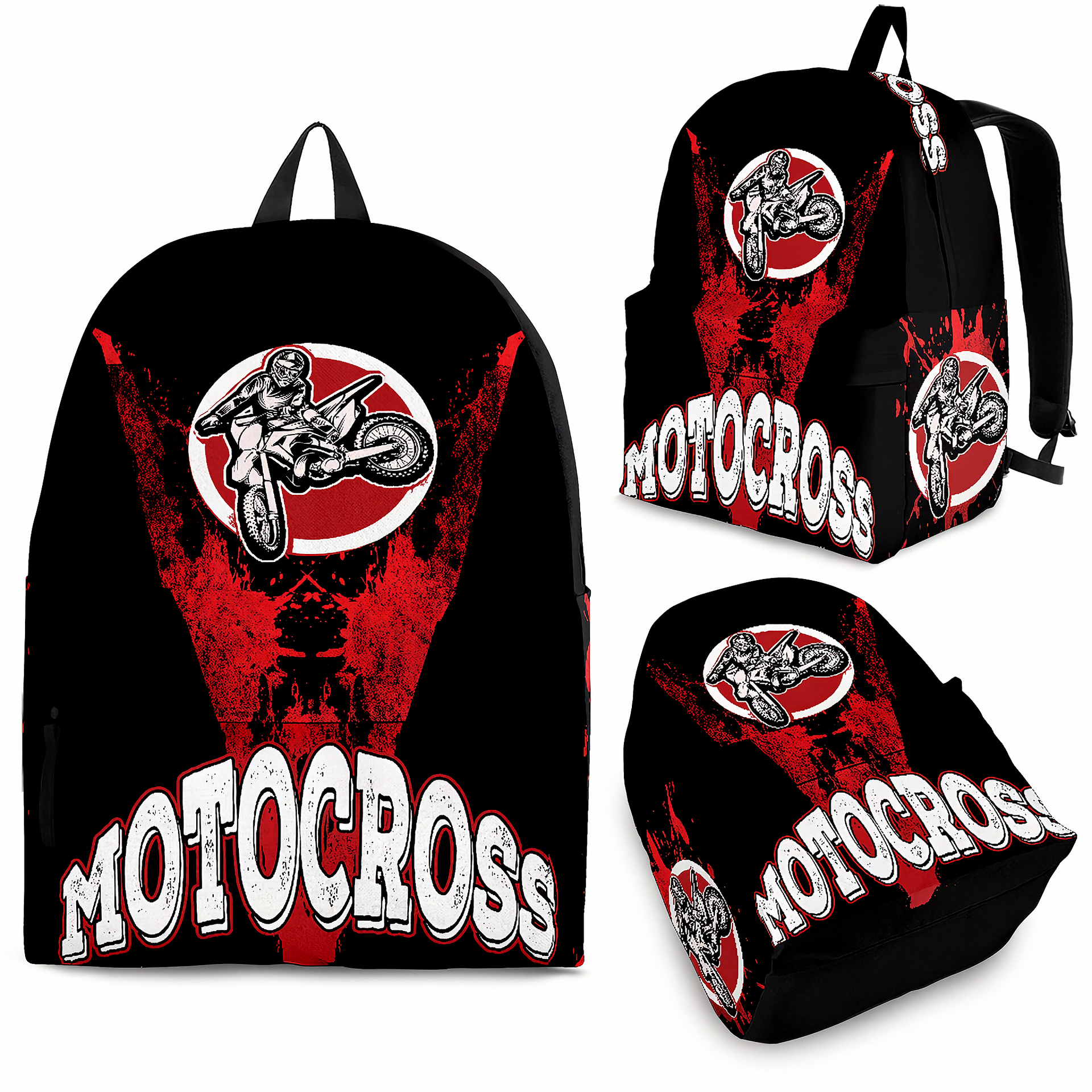 Premium red motocross gear backpack featuring ergonomic shoulder straps and a padded mesh back panel for dirt bike riders and trackside fans.