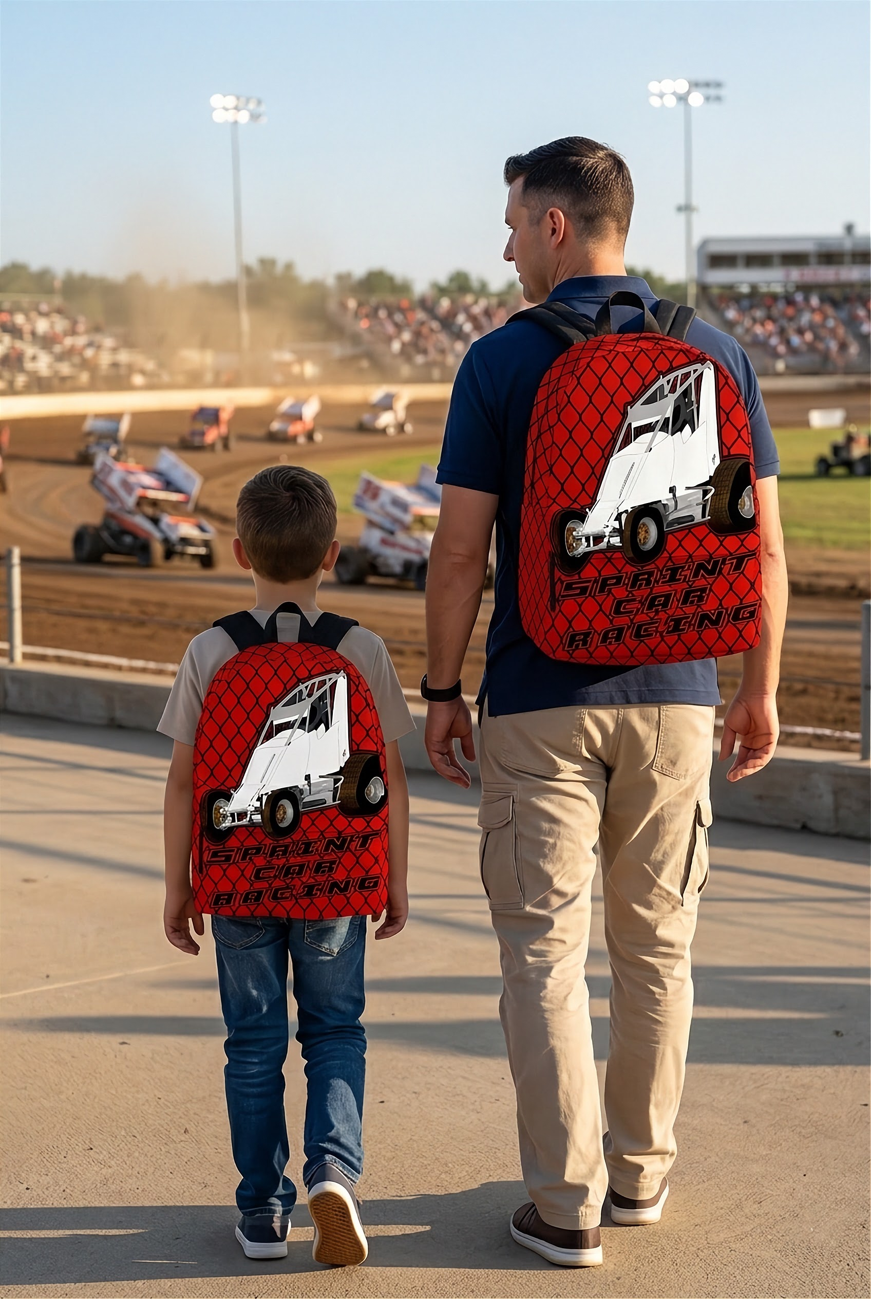 Vibrant red non-wing sprint car racing backpack designed for back to school and motorsport fans, featuring adjustable ergonomic straps and airflow mesh.