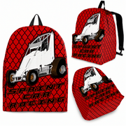 Vibrant red non-wing sprint car racing backpack designed for back to school and motorsport fans, featuring adjustable ergonomic straps and airflow mesh.