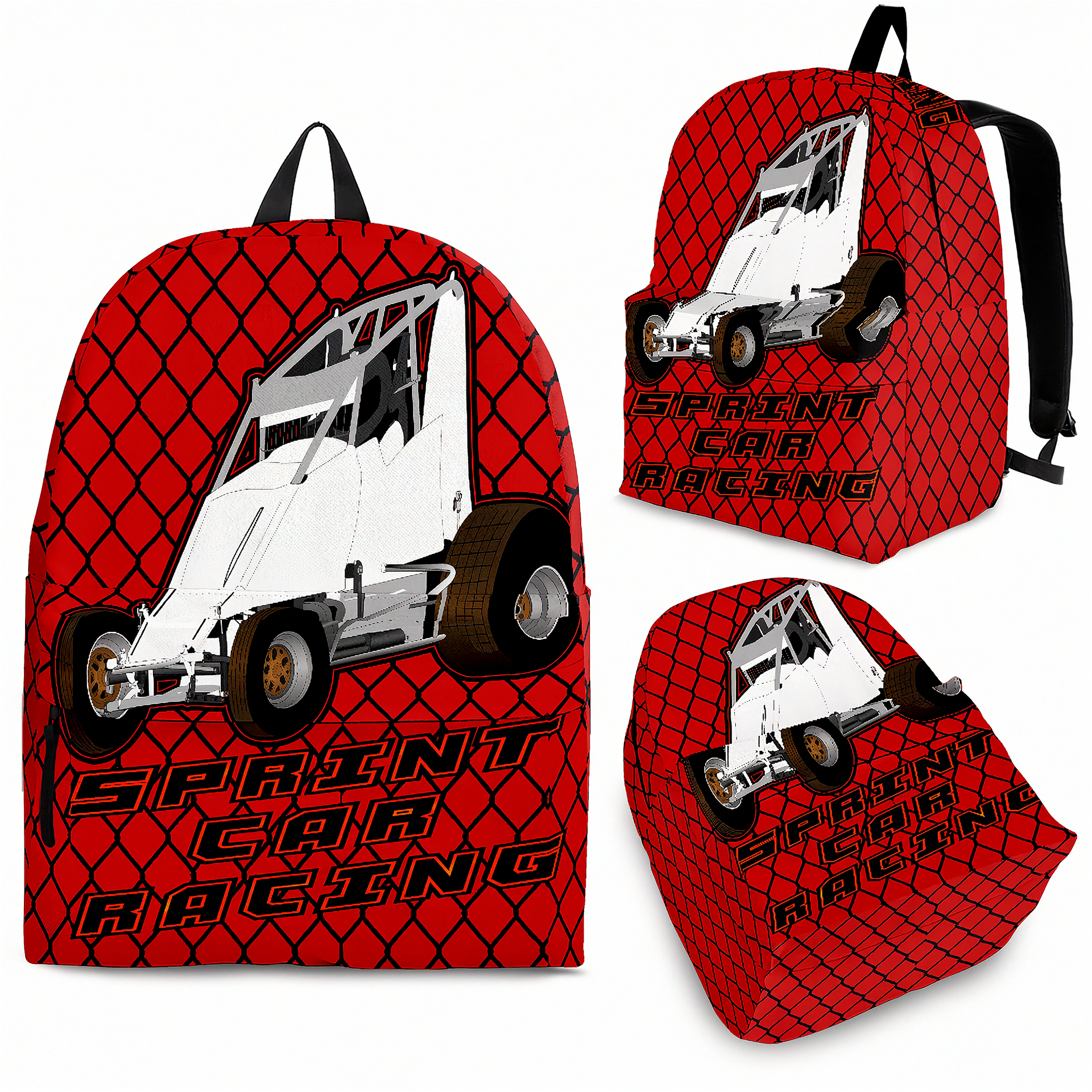 Vibrant red non-wing sprint car racing backpack designed for back to school and motorsport fans, featuring adjustable ergonomic straps and airflow mesh.