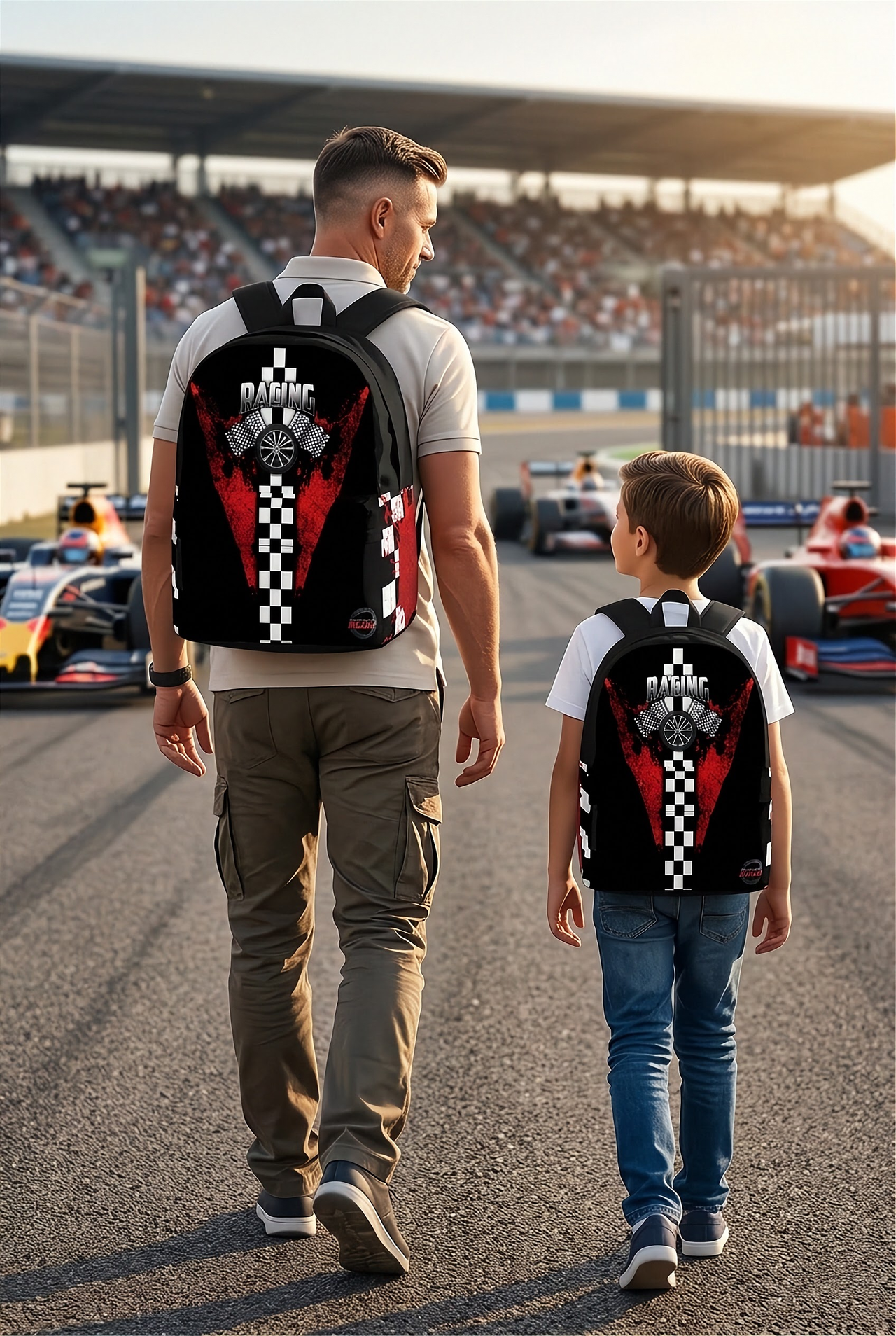 Red racing track backpack designed for back to school and motorsport fans, featuring a padded airflow mesh back panel and ergonomic shoulder straps.