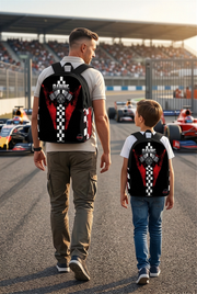 Red racing track backpack designed for back to school and motorsport fans, featuring a padded airflow mesh back panel and ergonomic shoulder straps.