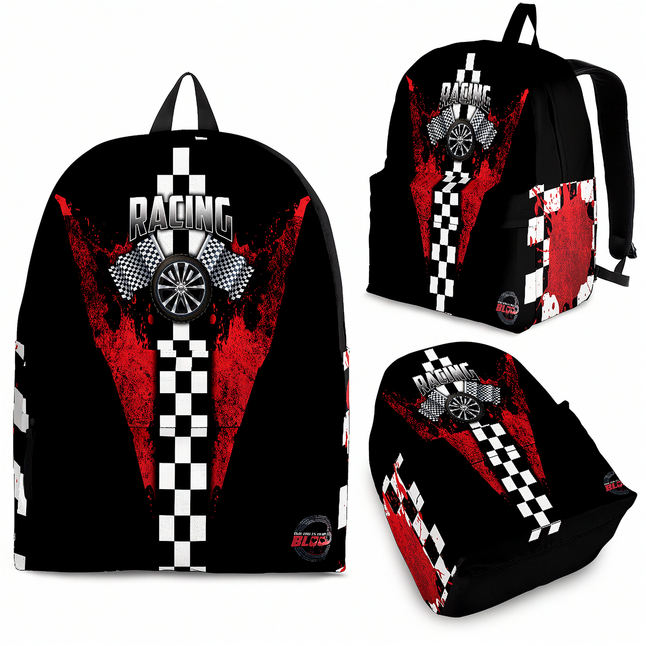 Red racing track backpack designed for back to school and motorsport fans, featuring a padded airflow mesh back panel and ergonomic shoulder straps.