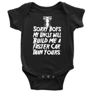 Black baby onesie with white text on a white background