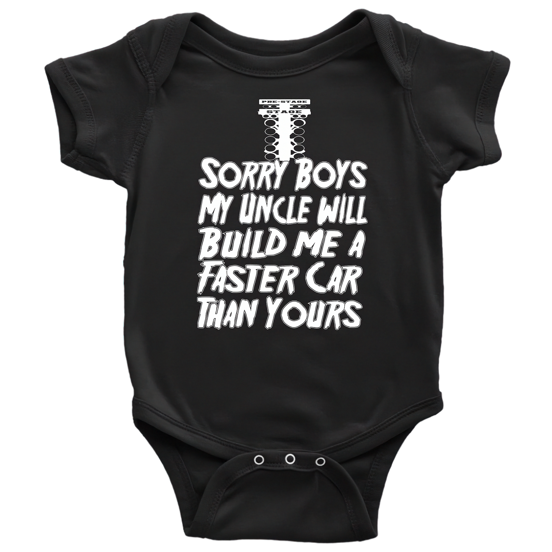 Black baby onesie with white text on a white background