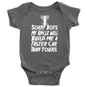 Gray baby onesie with white text on a white background