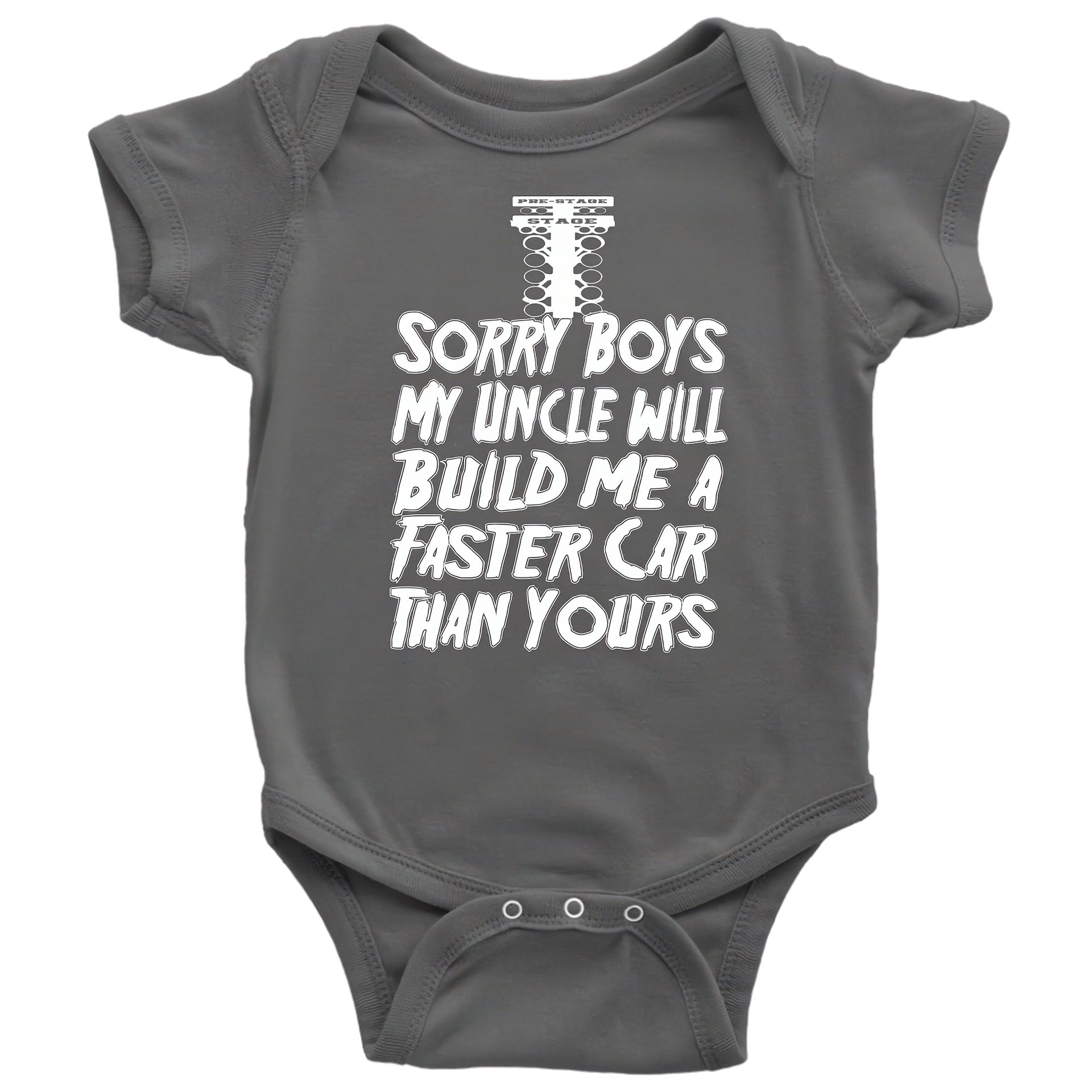 Gray baby onesie with white text on a white background