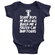 Navy blue baby onesie with white text on a white background