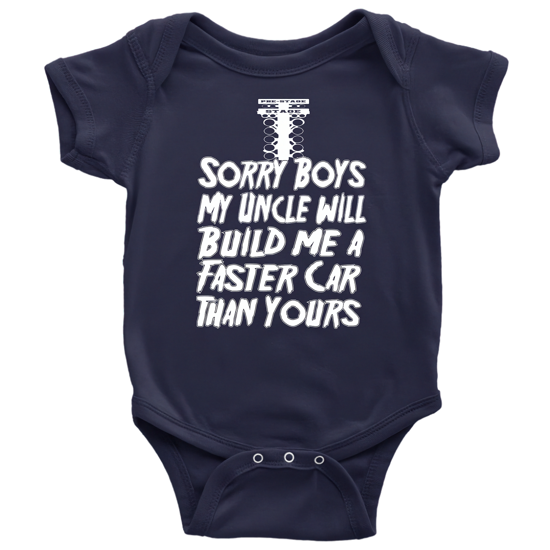 Navy blue baby onesie with white text on a white background