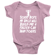 Pink baby onesie with white text on a white background
