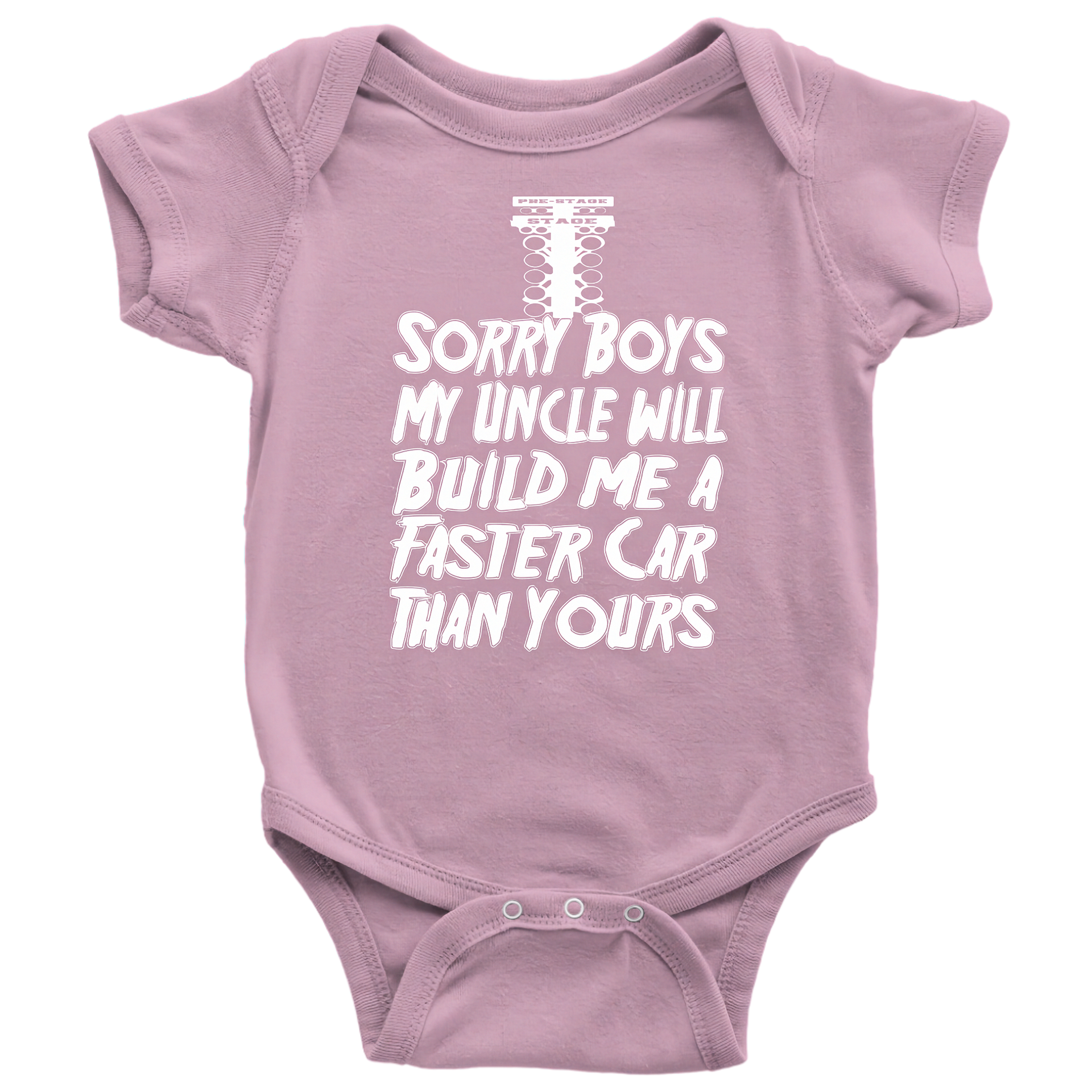 Pink baby onesie with white text on a white background