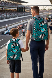 Teal Formula One racing track backpack designed for back to school and F1 fans, featuring a padded airflow mesh back panel and adjustable shoulder straps.