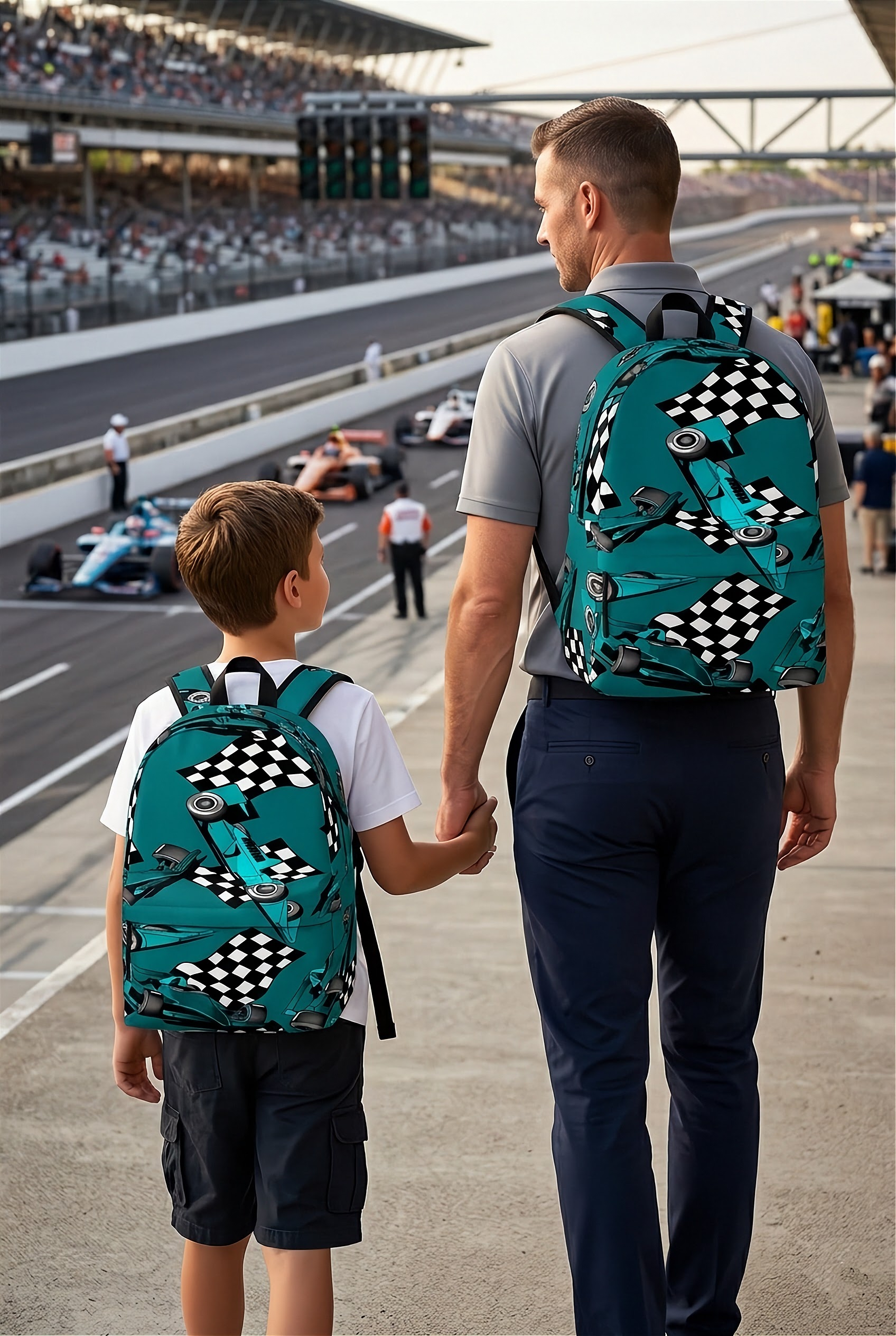 Teal Formula One racing track backpack designed for back to school and F1 fans, featuring a padded airflow mesh back panel and adjustable shoulder straps.