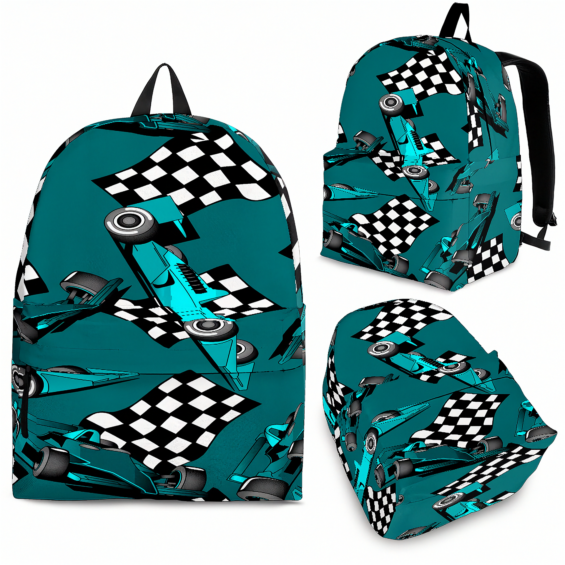 Teal Formula One racing track backpack designed for back to school and F1 fans, featuring a padded airflow mesh back panel and adjustable shoulder straps.