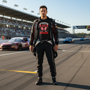 Custom racing apparel featuring the phrase There's No Place Like The Race Track for stock car, drag racing, and dirt track fans.