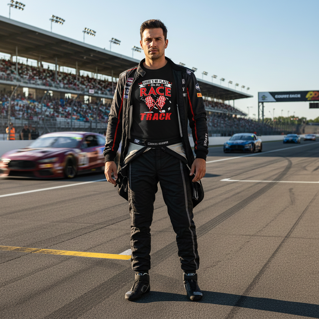 Custom racing apparel featuring the phrase There's No Place Like The Race Track for stock car, drag racing, and dirt track fans.
