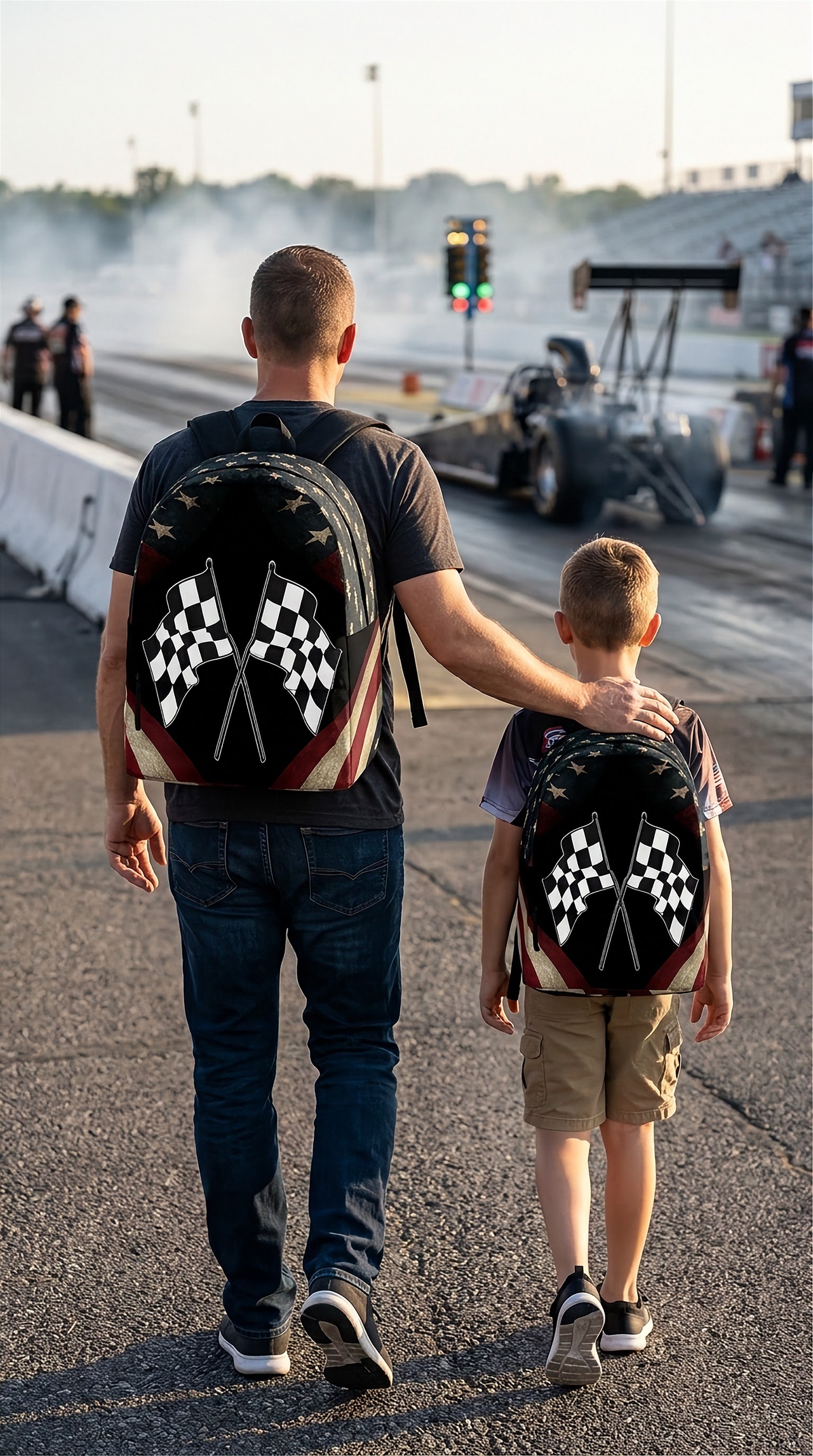 A young adult male wearing a patriotic USA checkered flag racing backpack, standing in the bustling fan zone of an American stock car race track with grandstands and colorful team haulers blurred in the background.
