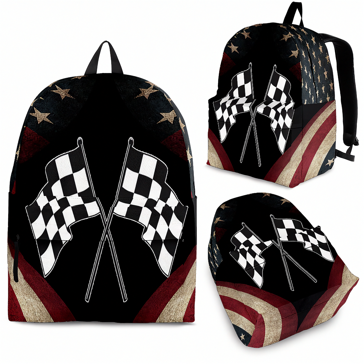 A custom backpack split diagonally with a vibrant American stars and stripes flag on one side and a classic black and white checkered racing flag on the other, featuring black padded straps and a front zip pouch on a white background.